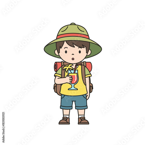 Animated young explorer with thirst quencher enjoys tropical refreshment under sunny skies