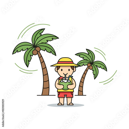 Tropical bliss cartoon character enjoying refreshment between coconut palm trees scenery