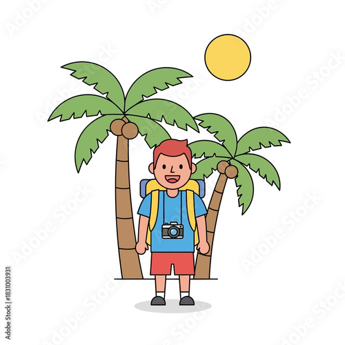 Cartoon traveler under tropical sunshine embracing island getaway delight with palm trees and