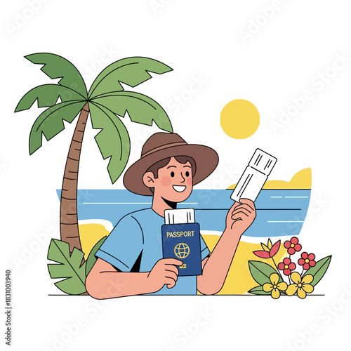 Enthusiastic traveler with passport and ticket enjoying the vacation vibes in tropical paradise