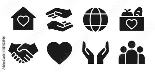 Charity icon collection in black. Includes house with heart, giving hands, globe, food box, handshake, heart, raised hands and group of people