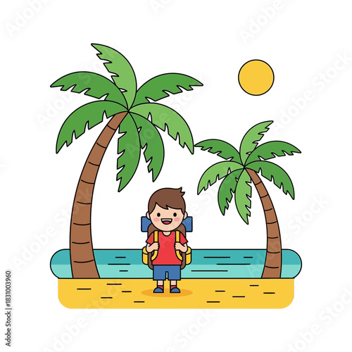 Cartoon traveler by the beach, a whimsical tropical adventure awaits kids and families
