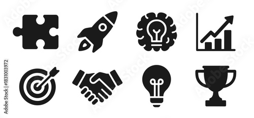 Business and productivity icon collection in black. Includes puzzle piece, rocket, creative brain, growth chart, target, handshake, lightbulb and trophy