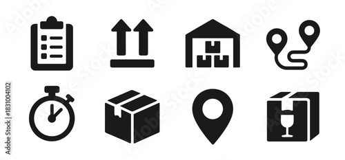 Delivery and logistics icon collection in black. Includes clipboard, arrows up, warehouse, route path, stopwatch, package, location pin and fragile box