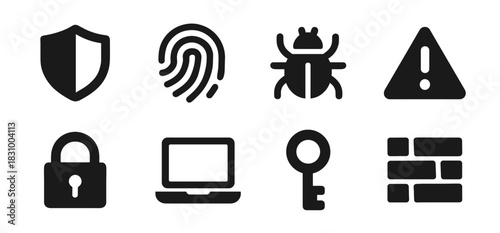 Cyber security icon collection in black. Includes shield, fingerprint, bug, warning sign, lock, laptop, key and firewall bricks. The icons are simple, bold, and clear for universal security use