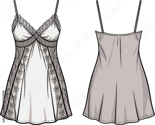 Women's lingerie technical sketch, babydoll slip dress vector, front and back view, lace detail, sheer panel, cad drawing flat vector illustration