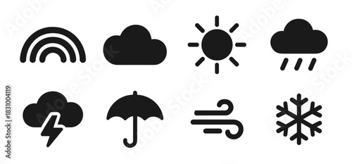 Weather icon collection in black. Includes rainbow, cloud, sun, rain cloud, storm cloud, umbrella, wind and snowflake. The icons look bold, simple and clear for universal weather use