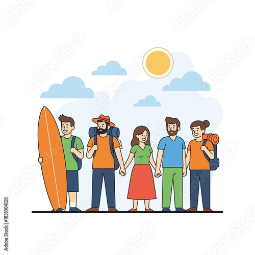 Cheerful group of friends ready for a summer vacation adventure and fun activities
