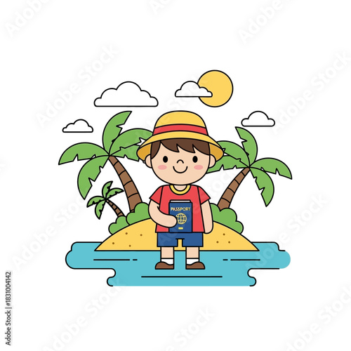Cartoon traveller on a tropical island with passport, ready for vacation destination planning