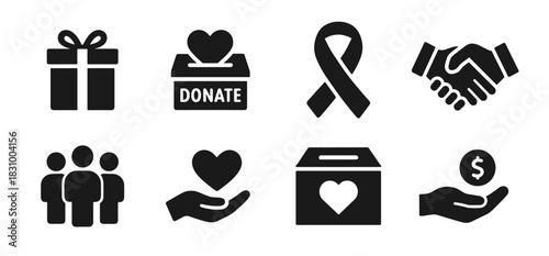 Charity icon collection in black. Includes gift, donation box, awareness ribbon, handshake, group, heart hand, heart box, and money hand