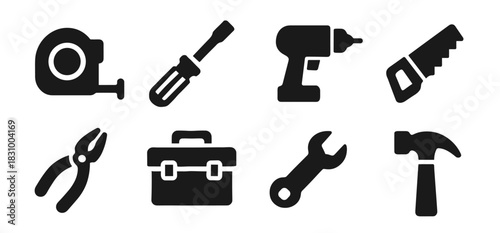 Tools icon collection in black. Includes tape measure, screwdriver, drill, saw, pliers, toolbox, wrench and hammer. The icons are bold, clean and perfect for repair, construction and workshop themes