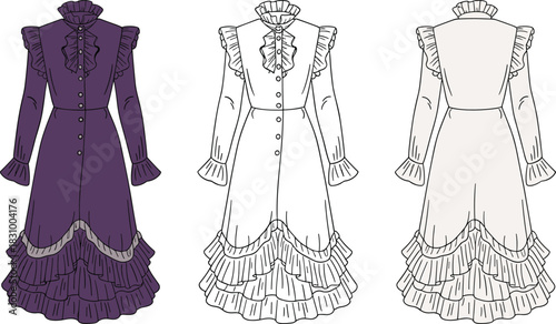 Victorian-style ruffled dress fashion sketch, front and back garment template, cad drawing flat vector illustration for costume design