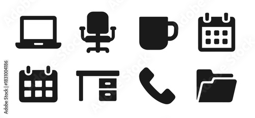 Office icon collection in black. Includes laptop, chair, mug, calendar, second calendar, desk, phone and folder. The icons are simple, bold and ideal for workplace or productivity themes