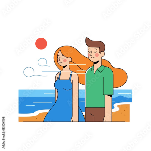 A serene seaside stroll capturing the essence of carefree companionship and blissful relaxation