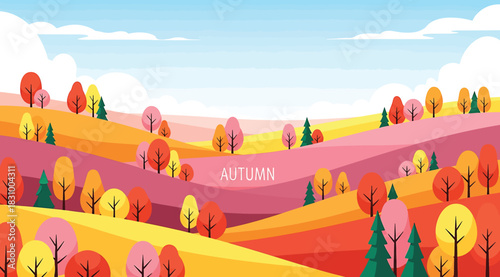 Colorful autumn landscape illustration featuring rolling hills, stylized trees in warm fall tones, and a blue sky with clouds, capturing the seasonal beauty and vibrant foliage of the autumn season.