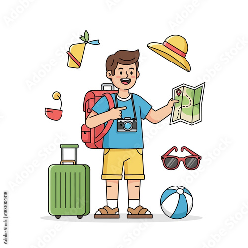 Illustrated traveler with map and luggage showcasing vacation planning and excitement