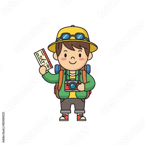 Cartoon traveler ready for adventure with ticket and camera in hand for travel illustration