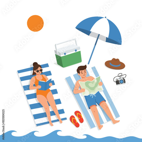Relaxing beach scene featuring a couple enjoying sunbathing and reading near the water and sun