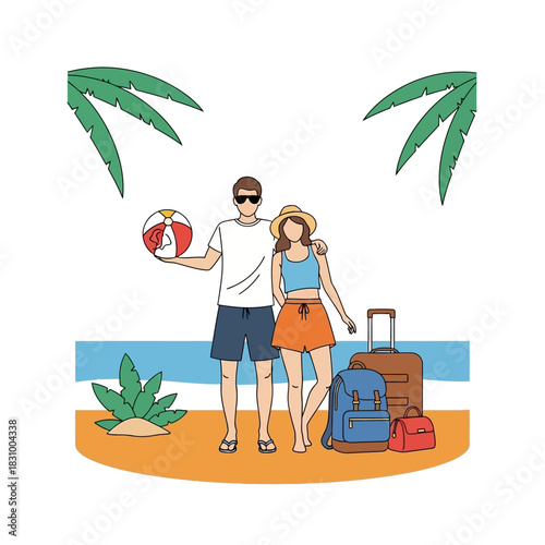 Couple embracing vacation bliss with luggage and a beach ball under tropical palms near ocean