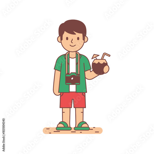 A Cartoon Tourist with Coconut Drink Enjoying Tropical Vacation on Sandy Beach