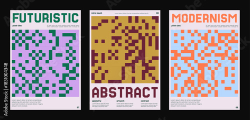 Futuristic pixel posters with abstract tile patterns
