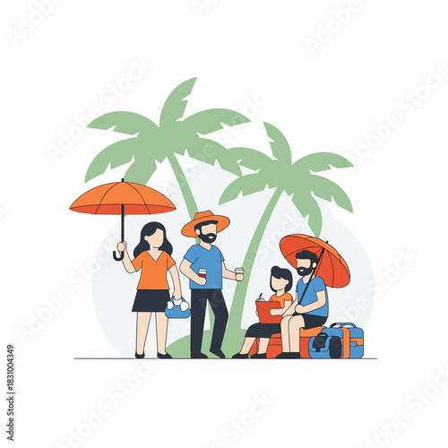Family enjoying a tropical beach vacation, seeking shade under palm trees and umbrellas, exuding