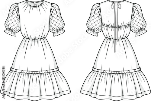 Puff sleeve tiered dress sketch, ruffle cuff, keyhole back, cad drawing flat vector illustration, front back view