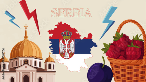 Serbia culture illustration with national flag map, orthodox church, raspberries, plum fruit and lightning bolts on beige background
