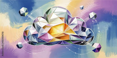 Abstract geometric cloud computing illustration with colorful polygon shapes, digital network data storage concept on pastel gradient background