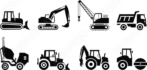 Construction machinery silhouettes, bulldozer, excavator, crane, dump truck, cement mixer, front loader, backhoe, road roller, black illustration
