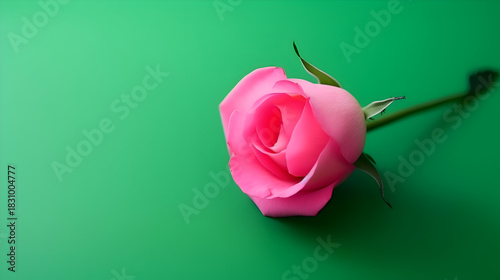 A single pink rose on a green background,  showcasing its delicate petals and vibrant color,  perfect for romantic or floral themed designs