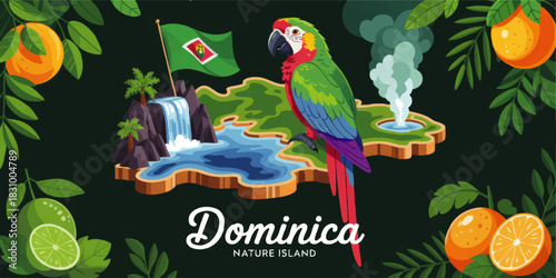 Colorful Dominica Nature Island illustration with tropical parrot, waterfall, hot spring, citrus fruits and lush Caribbean landscape