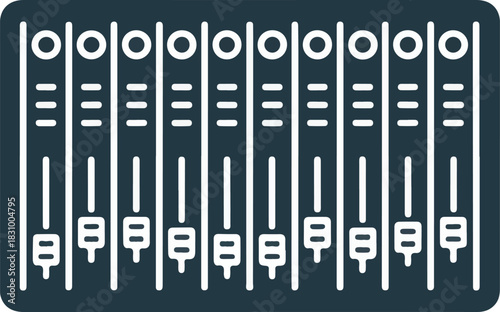 Audio mixer vector icon showing ten faders and knobs on a dark background for sound control and adjustment