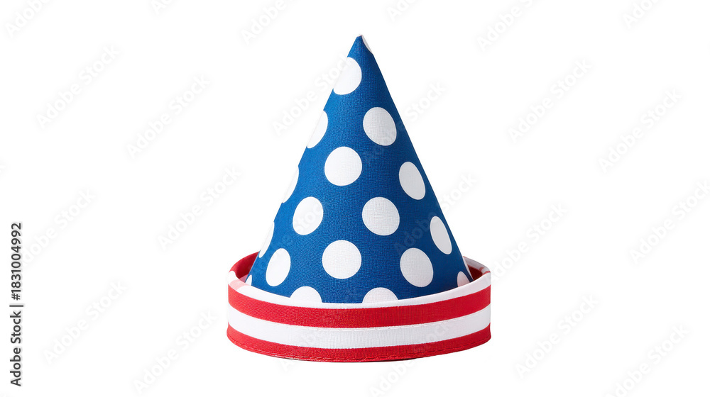 Fototapeta premium Blue polka dot party hat with white spots and red and white striped base, festive and cheerful, suitable for celebrations and birthdays