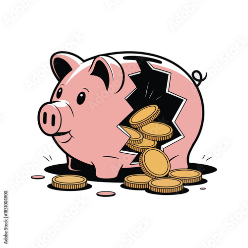 A cracked piggy bank spills coins, symbolizing financial loss or unexpected expenses.