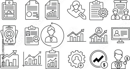 Collection of business and finance icons with charts and people graph