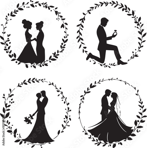 Wedding Couple Silhouettes in Wreath Frames Vector Illustration Set Marriage Proposal Love Floral Graphic Design