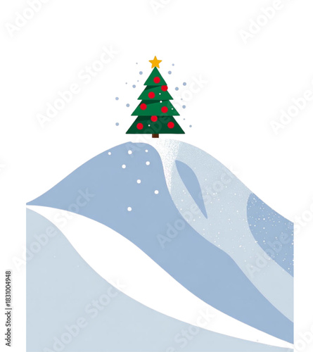 Festive christmas tree standing tall on a snowy hilltop with red and gray accents