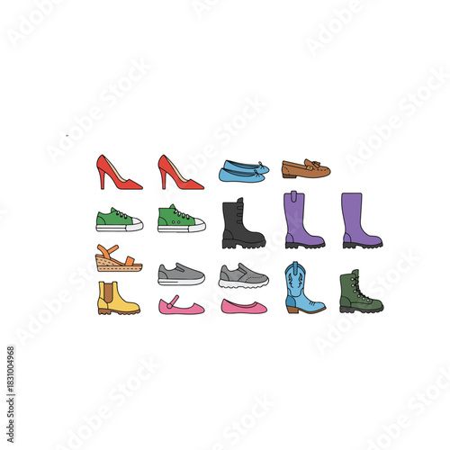Collection of Various Types of Footwear Displayed in a Grid.