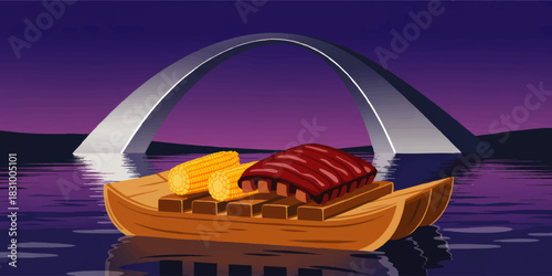 Night river barbecue illustration with grilled ribs and corn on wooden raft in front of futuristic arch bridge and purple sky