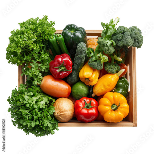 Fresh Vegetables Displayed in a Wooden Crate With Vibrant Colors on a Clean B...