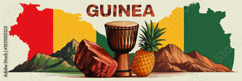 Guinea travel illustration with flag map, African djembe drum, bauxite rock, pineapple fruit and scenic mountains landscape