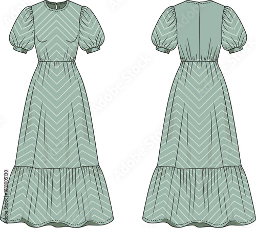 Chevron puff sleeve dress sketch, gathered tier skirt, round neckline, cad drawing flat vector illustration, front back view