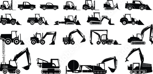 Construction vehicle silhouettes, excavator, bulldozer, dump truck, forklift, cement mixer, pickup truck, black icons, industrial equipment, heavy machinery
