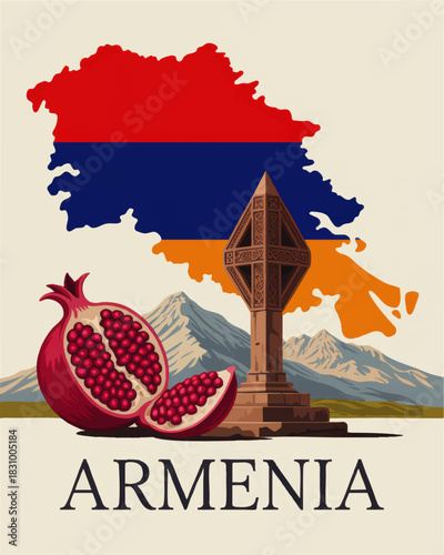 Armenia tourism poster with pomegranate fruit, khachkar cross stone, Mount Ararat landscape and Armenian flag map illustration