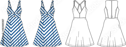 Sleeveless V-neck dress illustration, chevron stripe and technical sketch, fashion design, vector template, cad drawing flat vector illustration
