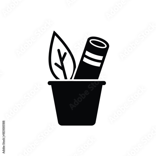 Simple illustration of a leaf and a cinnamon stick in a pot, representing natural ingredients and organic products.