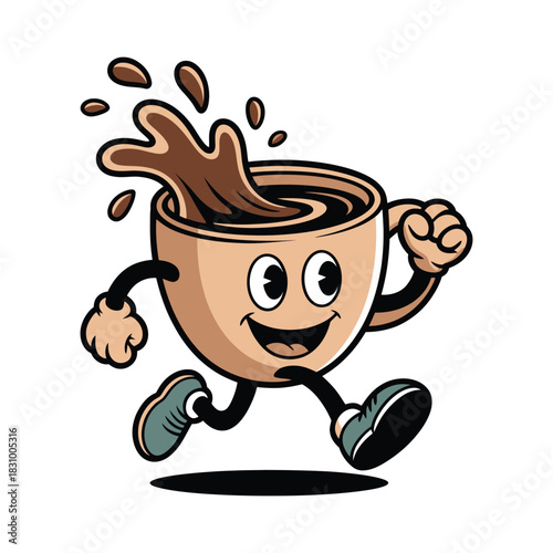 A cartoon cup of coffee with legs and arms is energetically running and splashing.