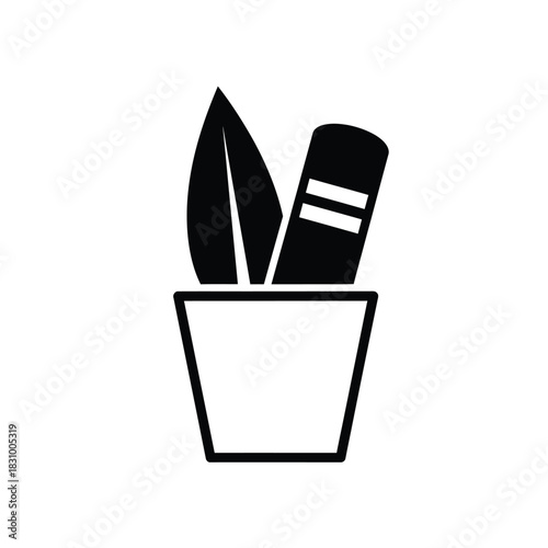 Stylized black and white icon of a potted plant with one leaf and a cylindrical object in a simple pot on white background.