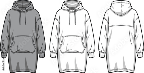Hooded sweatshirt dress sketch, kangaroo pocket and ribbed cuff detail, front and back view, cad drawing flat vector illustration
